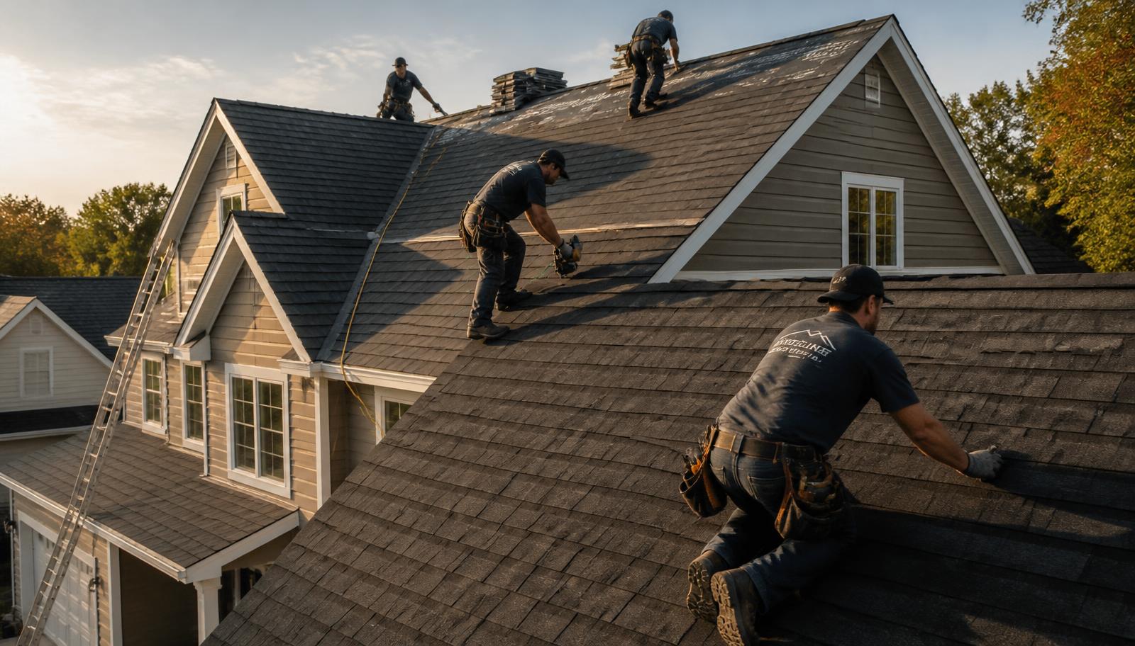 Roofing crew installing architectural shingles on a two-story home